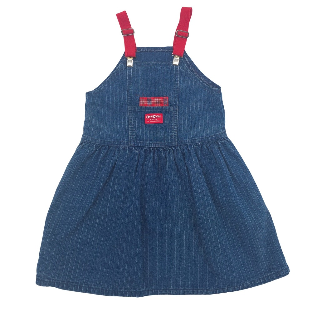 Vintage OshKosh Blue Pinstripe Denim Dress Red Straps Girl's Size 6X
